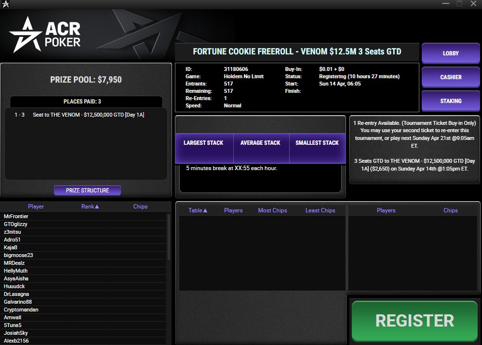 🚨Live Sunday with the Fortune Cookie Freeroll! Twitch.tv/BOTLADY 
🏆Lets win a spot in the 12.5 Milly Venom Day 1 A TODAY! 
<a href="/ACR_POKER/">ACR Poker</a> <a href="/ACRSTormers/">ACRSTormers</a> #POKER #TWITCH #LIVE