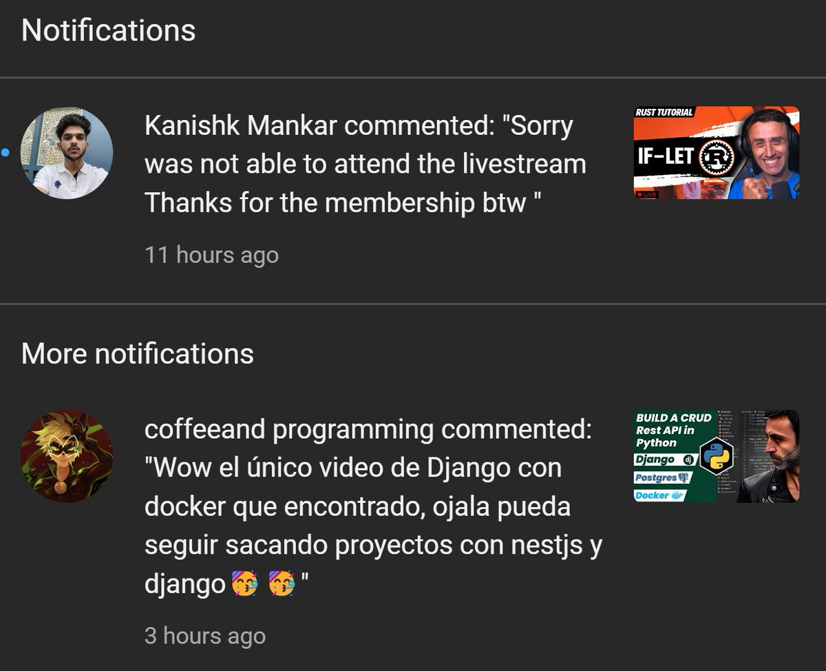 Have a great Sunday!

I take Docker, and I use it with all the technologies I know. One of my favorite ones is the Docker + Django one.

(translation: Wow, the only video of Django with docker that I found, I hope I can continue releasing projects with nestjs and django)