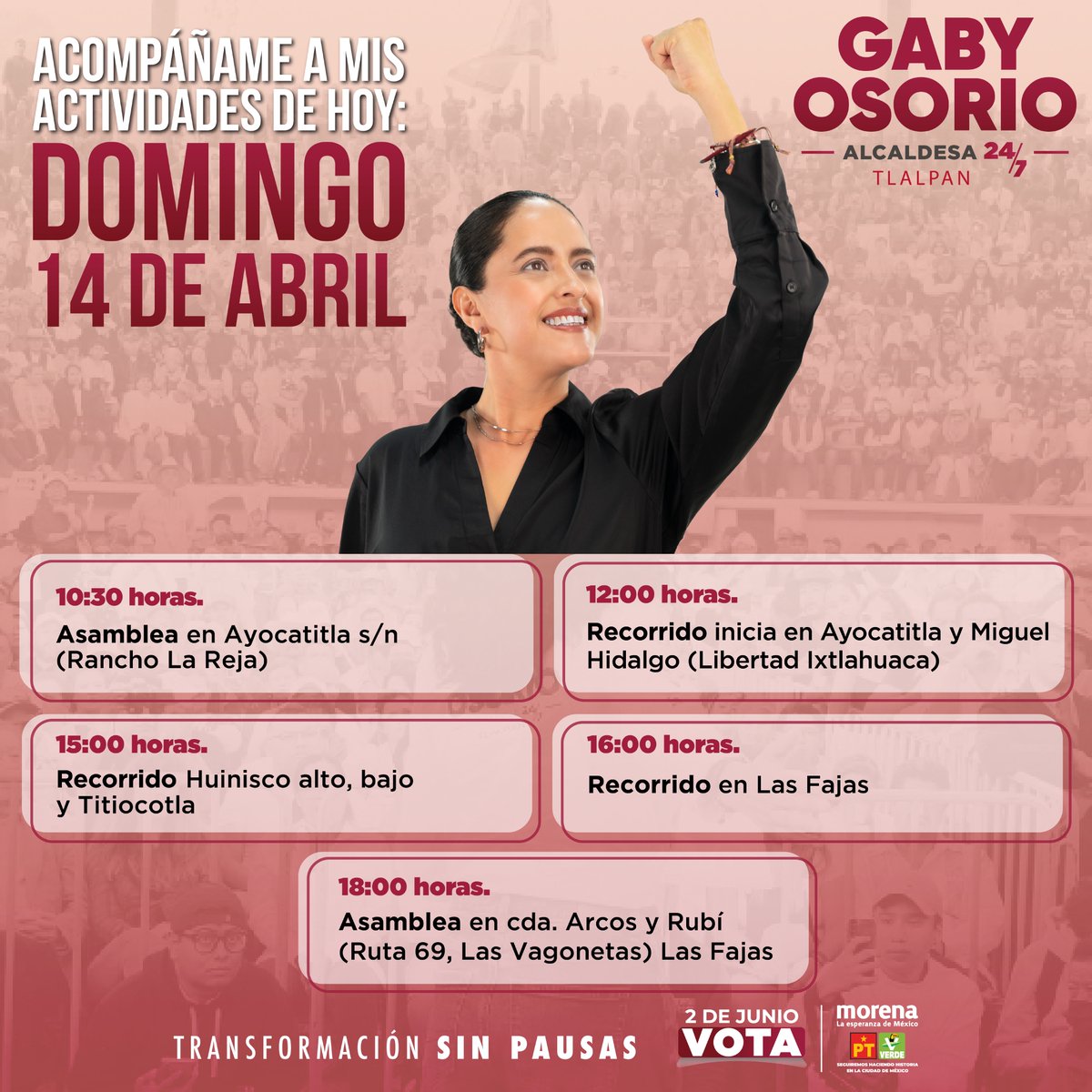 Esta Transformación Sin Pausas no descansa ni los domingos, espero verles en un ratito más en: 📍Rancho La Reja 📍Libertad Ixtlahuaca 📍Huinisco Alto 📍Las Fajas Qué tengan un muy bonito día.😁✨ #Alcaldesa24Siete #Tlalpan #TransformaciónSinPausas