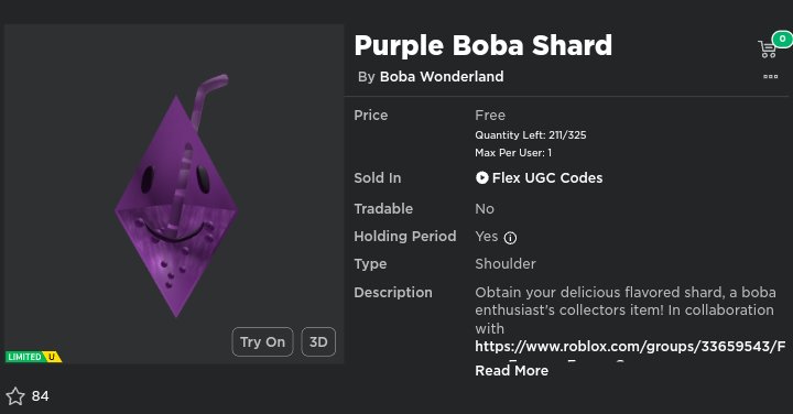 ' Boba Shard'   Giveaway! 
    
    (1 Winner 🏆)

Like ❤️
RT 🔄
Requirements:
Follow @RED_RBLX7/ @FunnyFroger25
/ @BobaWonderland

Ends in 4 days!! ⏰