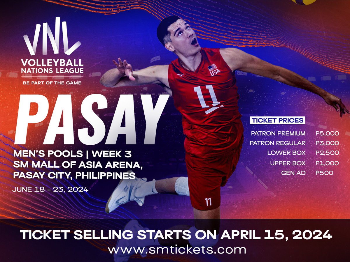 THE LONG WAIT IS OVER! Ticket selling for the highly-anticipated Philippine leg of #VNL2024 will start this April 15, 2024 (Monday) online at smtickets.com and at @smtickets outlets. #VNL2024AtMOAArena #ChangingTheGameElevatingEntertainment