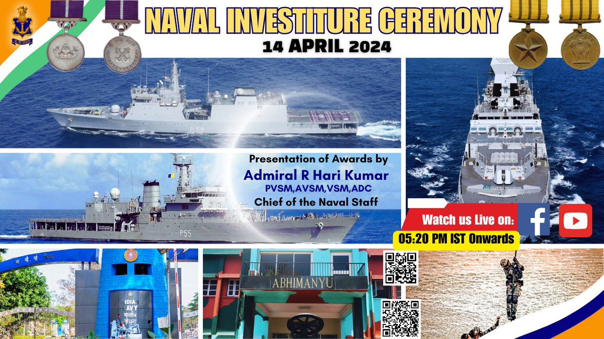 🌟 Join us LIVE 📹for the #NavalInvestitureCeremony 2⃣0⃣2⃣4⃣ on 14 Apr at 1720 hrs as Admiral R Hari Kumar, #CNS, on behalf of the Hon'ble #President of 🇮🇳, will confer #Gallantry and Distinguished Service #awards to the recipients. 🎖️

Stay tuned for live stream on #IndianNavy