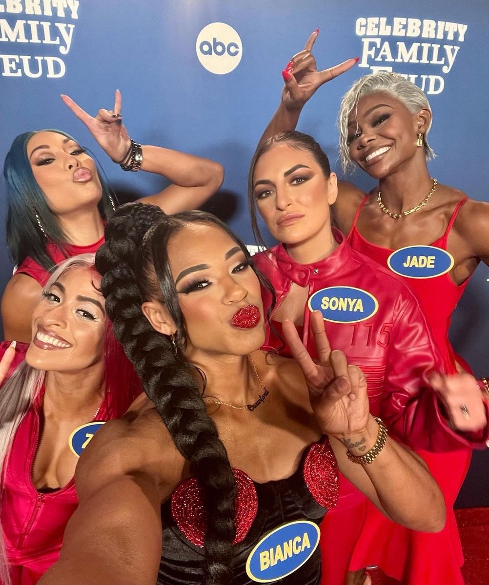 Team Bianca filming Celebrity Family feud today! Their opponents are Team Montez featuring Montez Ford, Angelo Dawkins, Bobby Lashley, Austin Theory, and LA Knight!