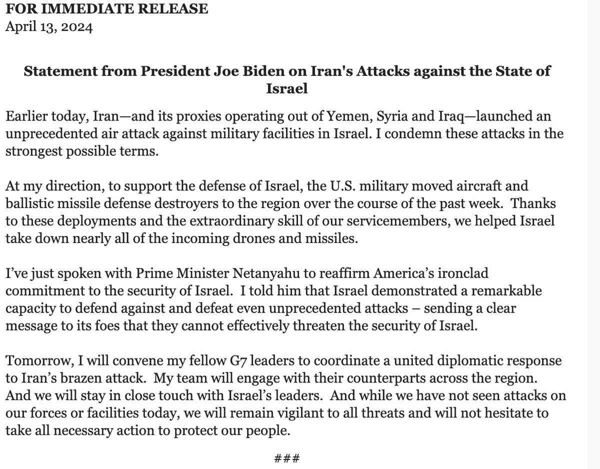WH readout of Biden-Bibi call makes no reference to telling Israel to avoid responding, but mentions 'Tomorrow, I will convene my fellow G7 leaders to coordinate a united diplomatic response to Iran’s brazen attack.'