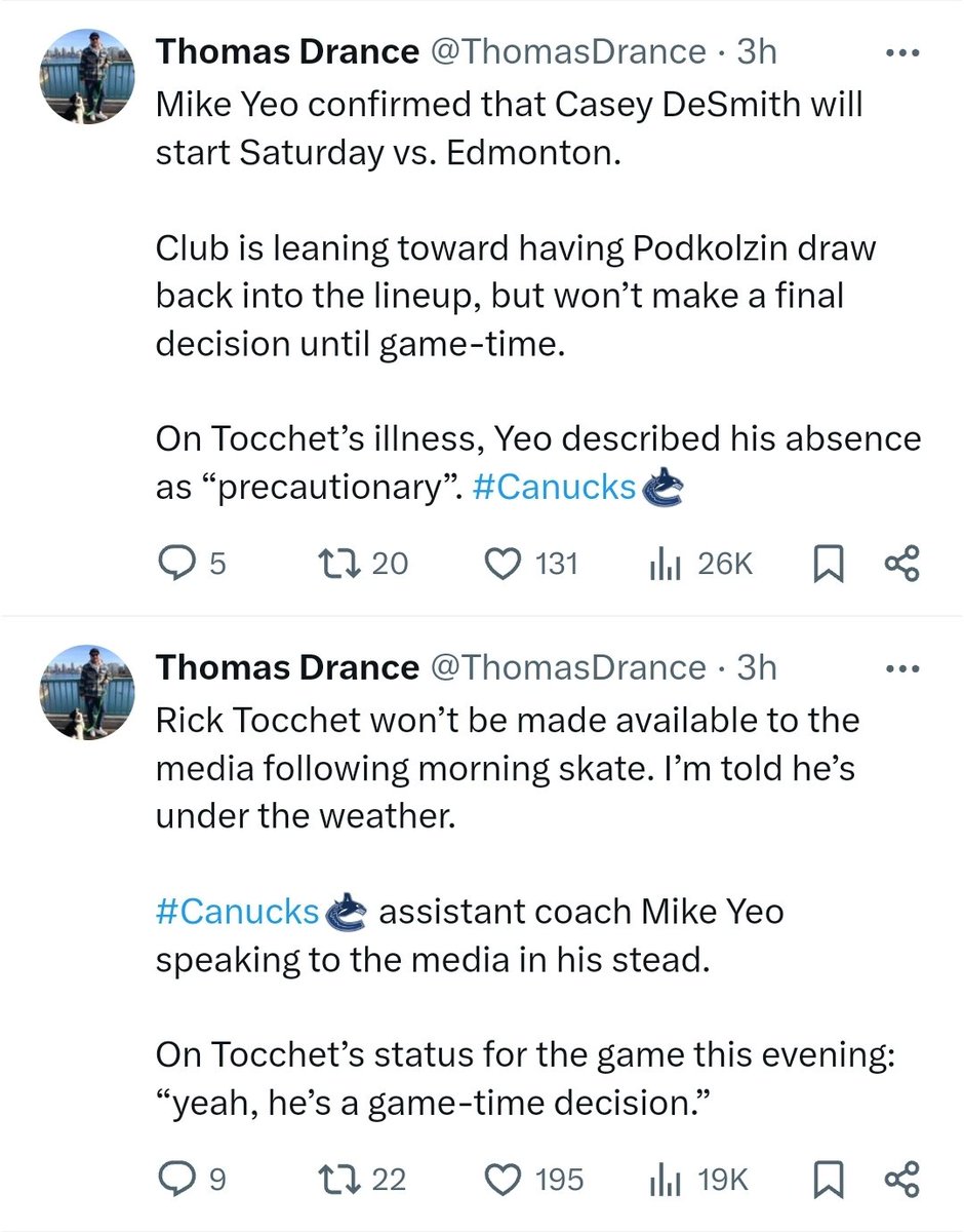 Canucks coach Tocchet has 'an illness' He's 'under the weather' His assistant is speaking to the media in his stead, and 'described his absence as 'precautionary'' Your regular reminder that the NHL stopped reporting on Covid some time ago.