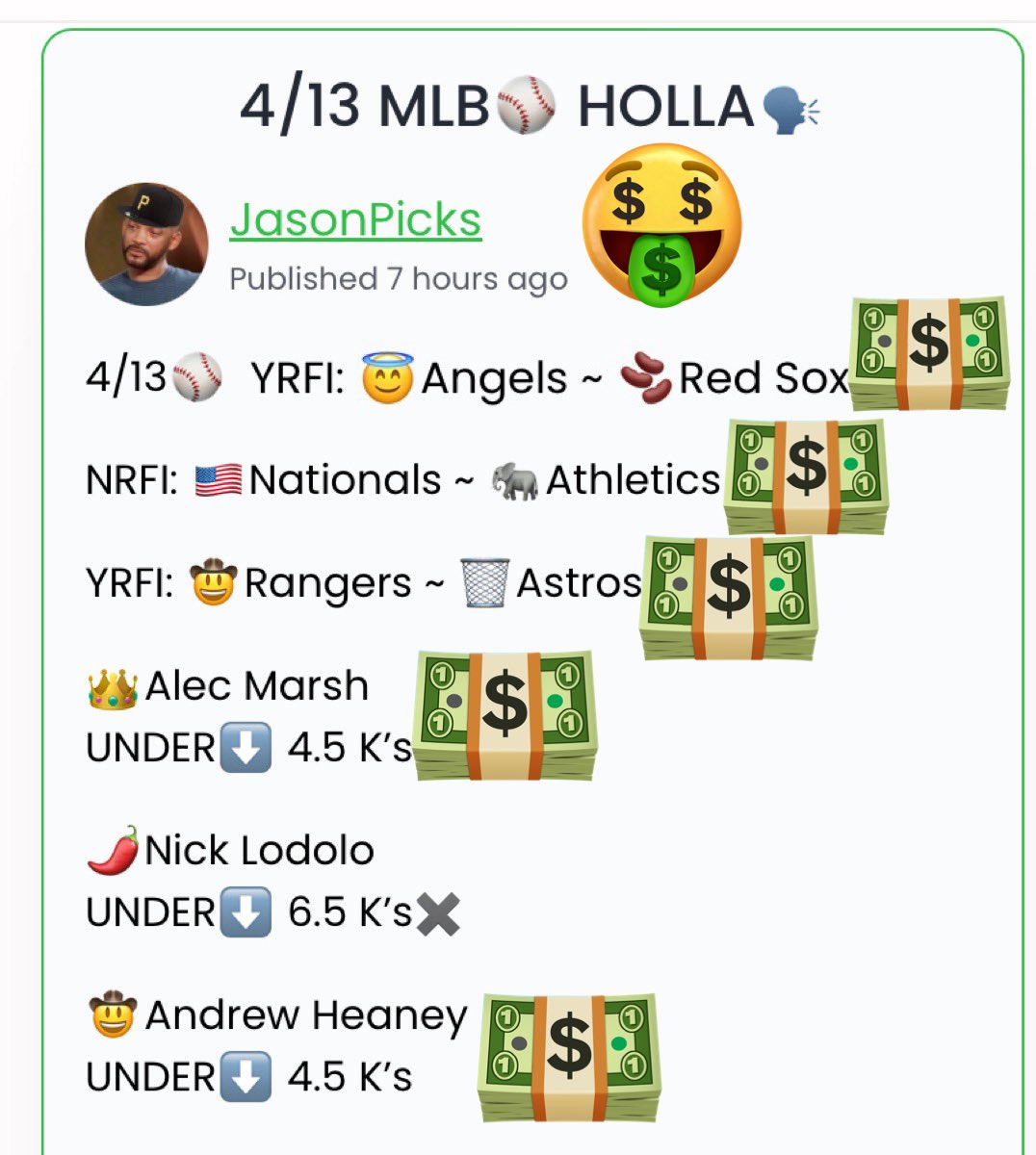 SJP954's tweet photo. 🤠Andrew Heaney
UNDER⬇️ 4.5 K’s✅🤑
We finish the early picks with ANOTHER DUB😎 and go 5-1 getting it DONE‼️ Baseball is MY SHIT💩 26-5 in our L31 #MLB⚾️ picks🤯🤯 we can’t be STOPPED😤
#HOLLA🗣AT ME➡️https://t.co/cCAvKKaW3N 💰➡️📱to get 50% OFF my #MLB⚾️ MONTHLY package📦 https://t.co/ycJBYPFrCA