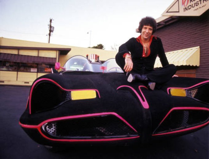 Tom Jones sitting on a Batmobile, 1970s