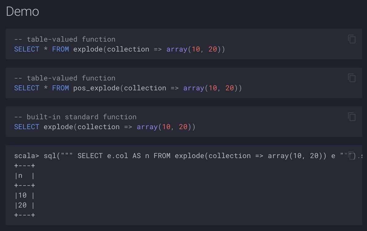 jaceklaskowski's tweet image. #TIL #ApacheSpark #SparkSQL 3.5 comes with Named Function Arguments feature that lets you specify arguments by name 🥳
TVFs and a few built-in standard functions are supported only (but more is coming up in 4.0) 👏👏👏
➡️ books.japila.pl/spark-sql-inte…