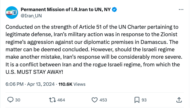 Everything else aside, this invocation of Article 51 from Iran's mission to the UN is more legal argument for its use of force than Israel has provided for the Damascus attack or any of its other strikes in Syria. Interested to see if it is followed with an Article 51 letter.