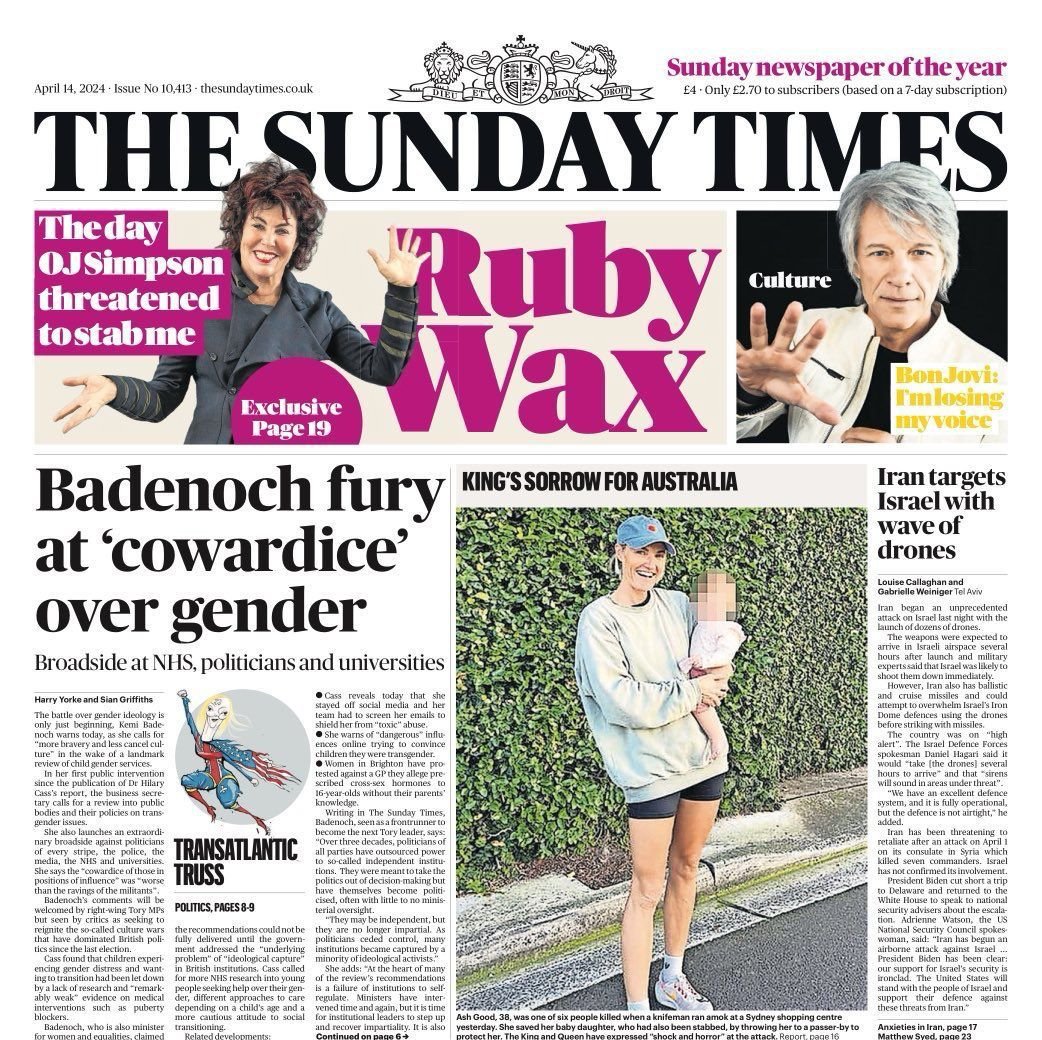 Kemi Badenoch calls for review into public bodies & their policies on transgender issues. Government must address 'the 'underlying problem' of 'ideological capture.'' Cass 'warns of 'dangerous' influences online trying to convince children they were transgender.' Front page.