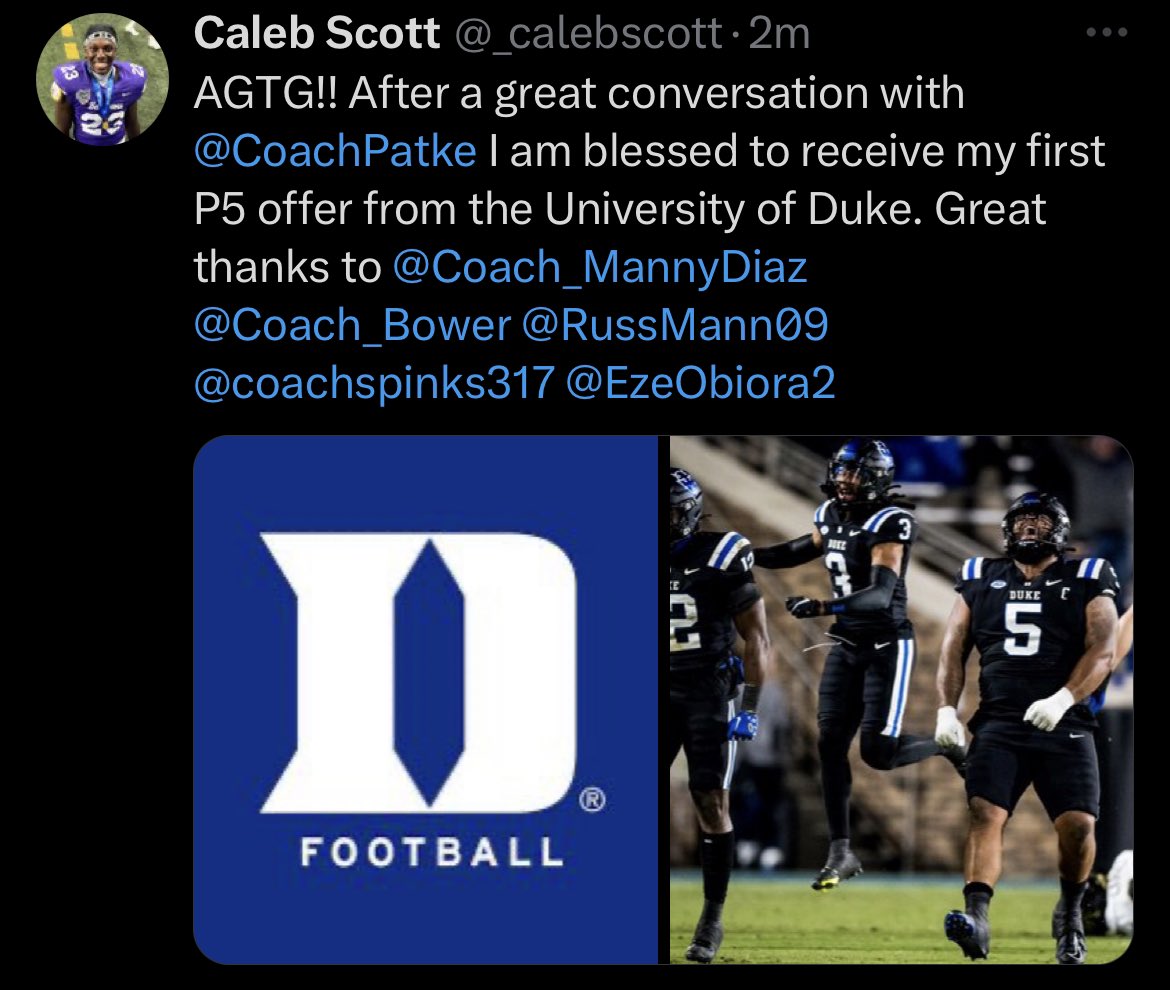 EzeObiora2's tweet photo. We had a great visit to @dukefootball today. Great for @israelk0la to get a visit here after his offer. Had a great conversation with @Coach_Bower  and @Coach_MannyDiaz . Also great for  @caleb_scott0 to get his first P5 O from here! Loved seeing my nephew @justinpickett_  Thank you @ANU_NIKE22 and @CoachPatke  and @LukeShivelyDU  for inspiring and talking to our guys!  @mathiebe @JackYost_ @MitchellMathie   @chasesmitley44 @DrewJonez_ @DombrowAus67208  @Wyattkirschfb @KinsingerKarson  @kaiden_bower @calvinmoody26 @AlexJenkinsFB 
#d1football #dukefootball #ballislife🏀 #speedtraining #strengthtraining #footballrecruiting