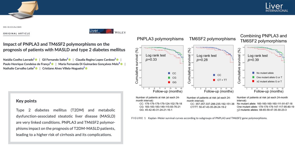 LiverInt's tweet photo. 1/2
🔍 New study evaluates the impact of #PNPLA3 &amp; #TM6SF2 genetic polymorphisms on the prognosis of MASLD in Type 2 Diabetes patients

🧬 Findings show a significant ⬆️ in cirrhosis &amp; complications risk with specific genetic variants  

🔗 https://t.co/tNwXBfT5Bx

#Livertwitter https://t.co/hcSZqgd0N9