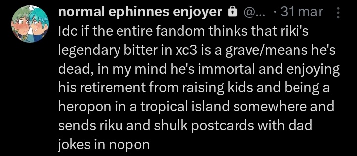 Releasing this from priv hell cause I'm still in delusion-land over riki being alive in xc3 (he is so alive u guys)