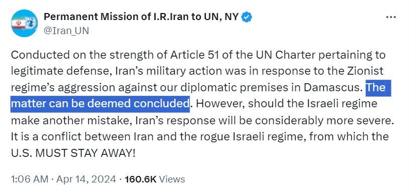 O Irã enviou uma mensagem nota para a ONU dizendo que o seu ataque contra Israel está concluído. Ainda nenhum drone ou míssil iraniano atingiu Israel, com informações de que caças israelenses estão realizando interceptações na Síria e na Jordânia.