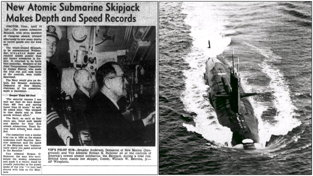 #OTD in 1959: the first teardrop hull nuclear submarine, USS Skipjack (SSN-585), set new depth & speed records, 2 days before commissioning.
Reported as the same unclassified stats we repeat today😉
Faster than 20 knots. Deeper than 400 feet.
#USNavy #SilentService #SubSaturday