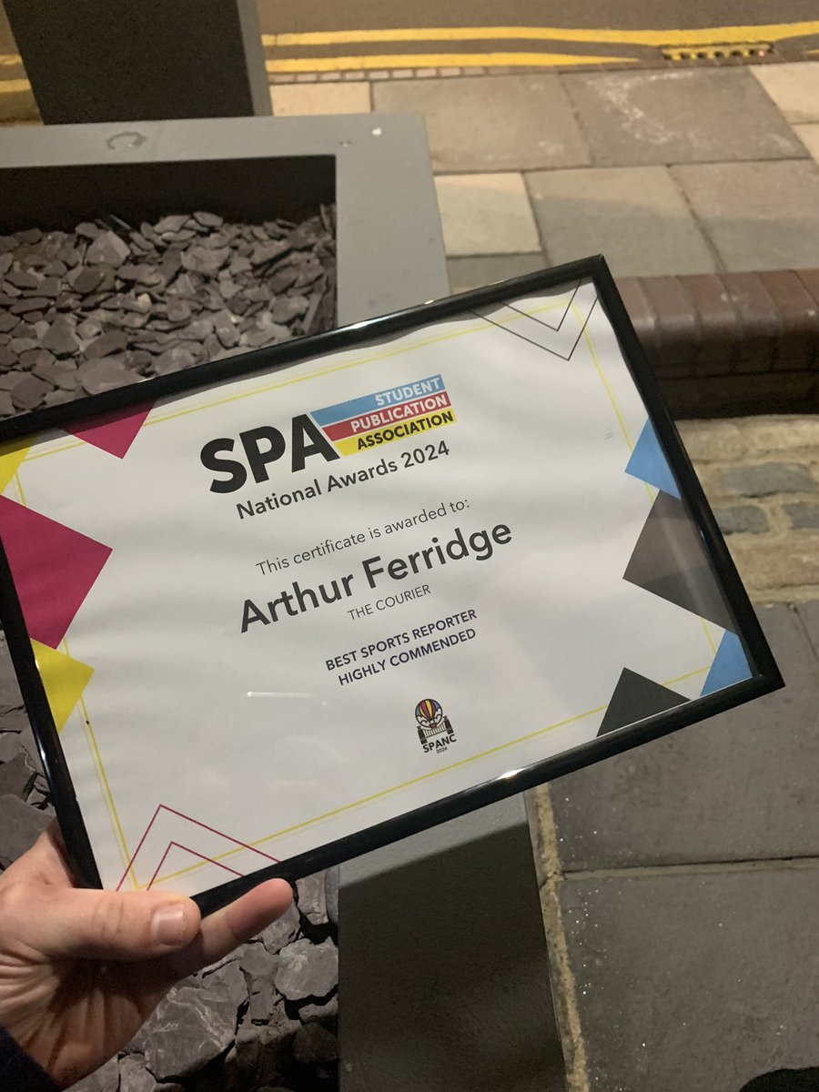 ArthurFerridge's tweet photo. 🏆 Highly Commended, @SPAJournalism Sport Reporter of the Year

🗞️ Incredibly proud and flattered to have been recognized for my work covering Newcastle University sport for @CourierOnline over the last three years. My first award as a journalist, hopefully not the last! #SPANC24 https://t.co/lWsdxvxMcV
