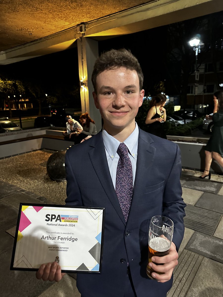 ArthurFerridge's tweet photo. 🏆 Highly Commended, @SPAJournalism Sport Reporter of the Year

🗞️ Incredibly proud and flattered to have been recognized for my work covering Newcastle University sport for @CourierOnline over the last three years. My first award as a journalist, hopefully not the last! #SPANC24 https://t.co/lWsdxvxMcV