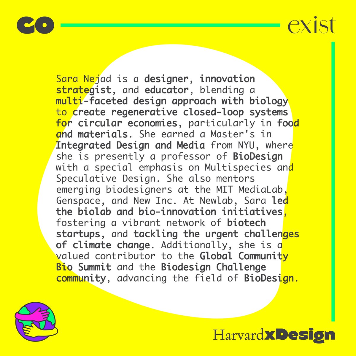 harvardxdesign's tweet photo. 📣 Speaker Announcement 📣 
Sara Nejad is a designer, innovation strategist, and educator, blending a multi-faceted design approach with biology to create regenerative closed-loop systems for circular economies, particularly in food and materials. https://t.co/izxUCUfeCK