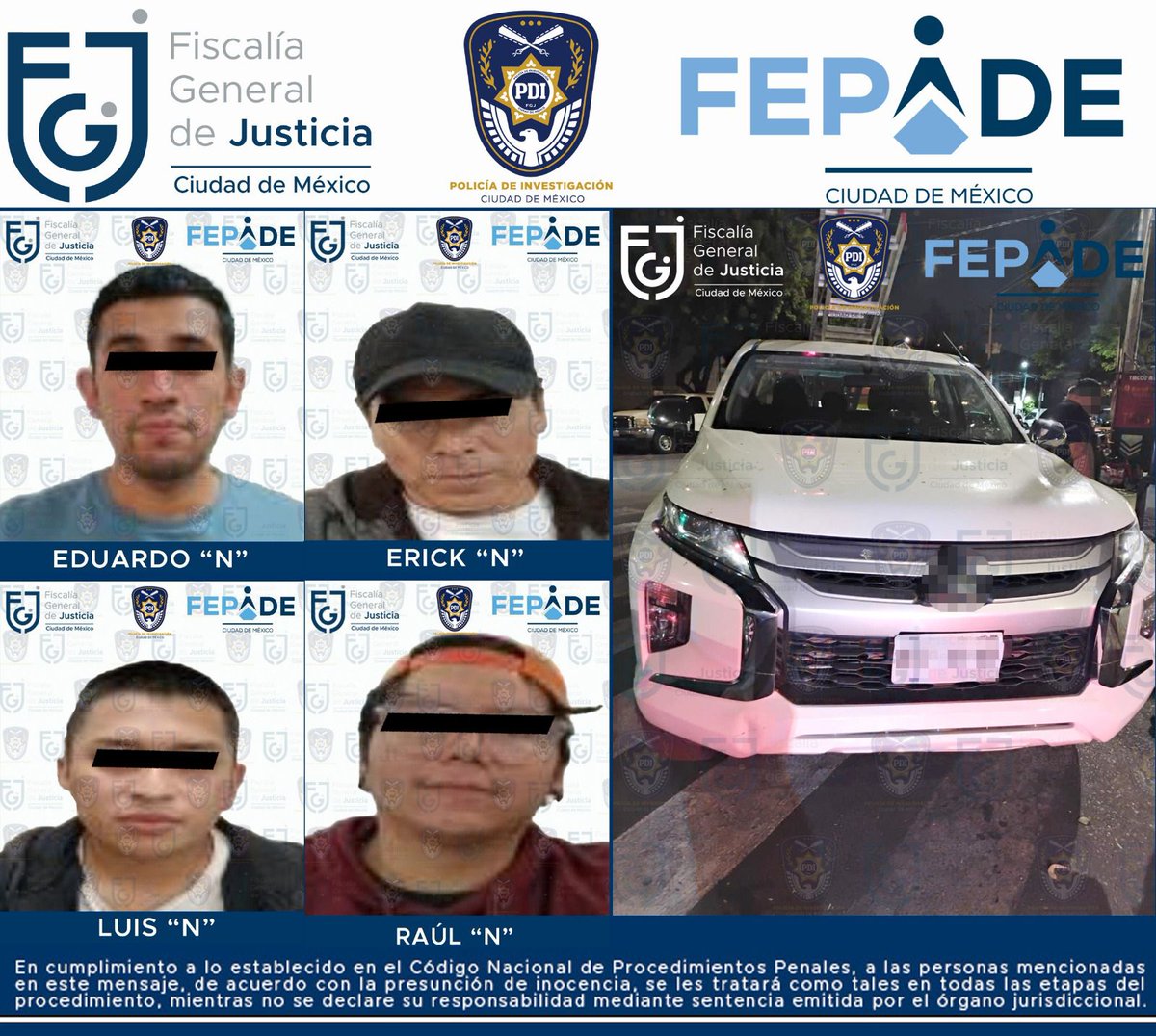 FiscaliaCDMX's tweet photo. La #FiscalíaCDMX informa que derivado de una denuncia anónima, la #FEPADE realizó un operativo por hechos posiblemente constitutivos de delitos electorales en los que elementos de la @PDI_FGJCDMX detuvieron en flagrancia a cuatro personas que posiblemente retiraban propaganda política de candidatos diferentes al suyo; esta #FiscalíaCDMX  señala que es absolutamente falso que hayan sido atacadas como se ha afirmado en redes sociales, las personas detenidas fueron puestas a disposición del Ministerio Público y se encuentran en buen estado de salud luego de ser certificados médicamente. Una vez que se cumpla el plazo de Ley serán presentados ante la autoridad judicial