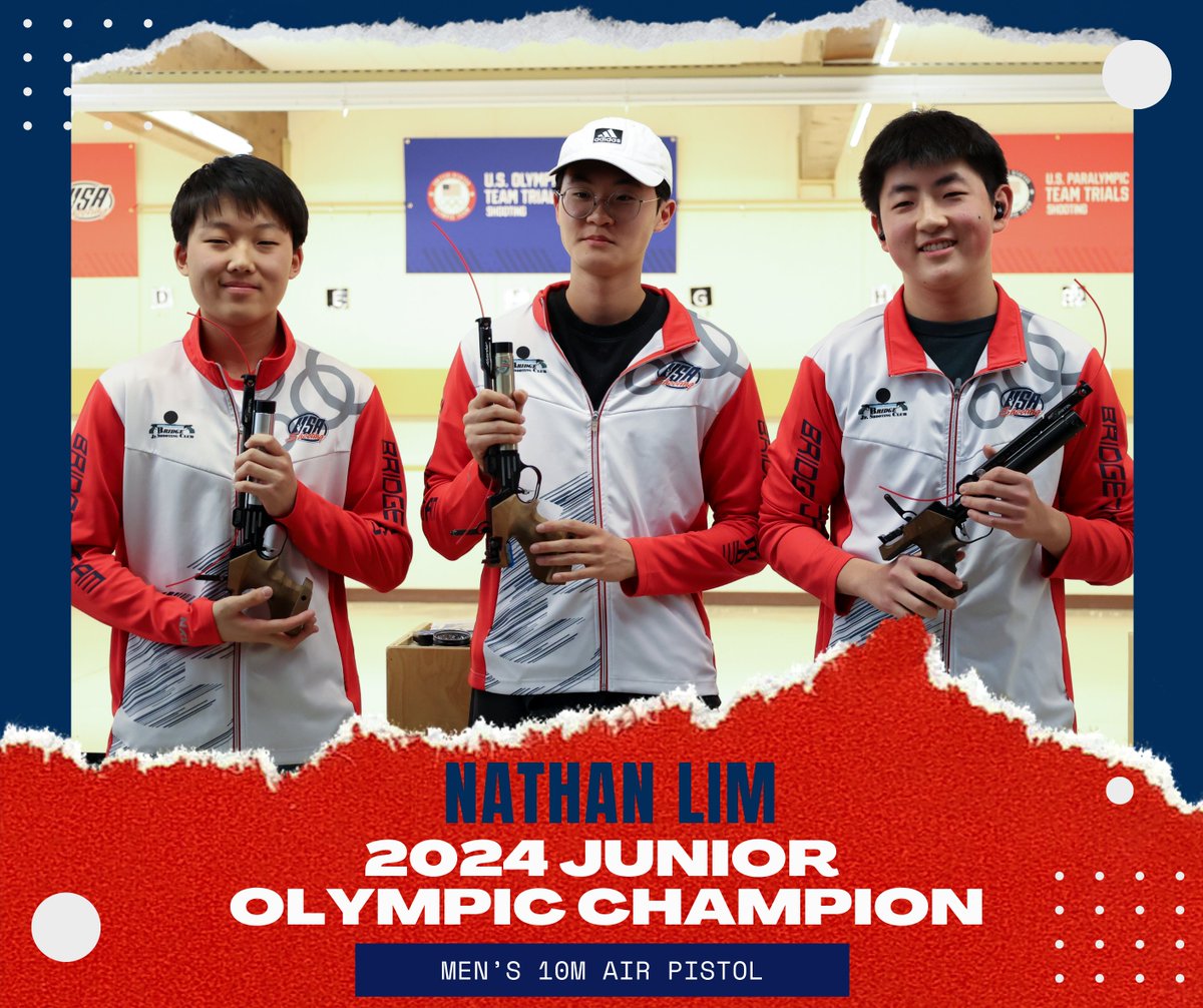 Nathan Lim is your 2024 Jr Olympic Champion in Men's Air Pistol! 🏆 Congrats to Joseph Koh, 2nd, and Mark Shen, 3rd! 👏