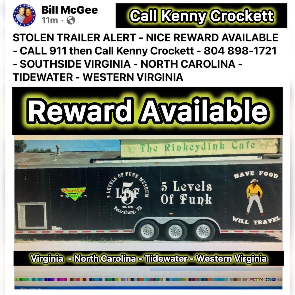 Stolen trailer from Petersburg, Va. Reward offered!