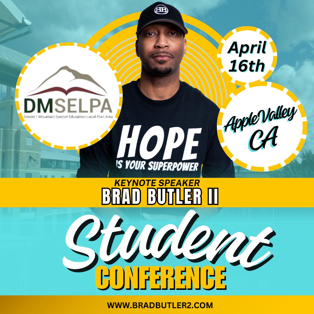 Blessed and thankful to have the opportunity to go back to Apple Valley California to speak life into the students for the Desert Mt SELPA TPP Student Conference. 

Book me at: bradbutler2.com
