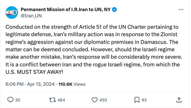 A bit early to break out the 'World War 3' hashtags. Look at Iran's language used. Of course, these are dangerous games to play, and escalation can be triggered very easily, but for now, this is still a regional skirmish with very specific conflict goals #Iran