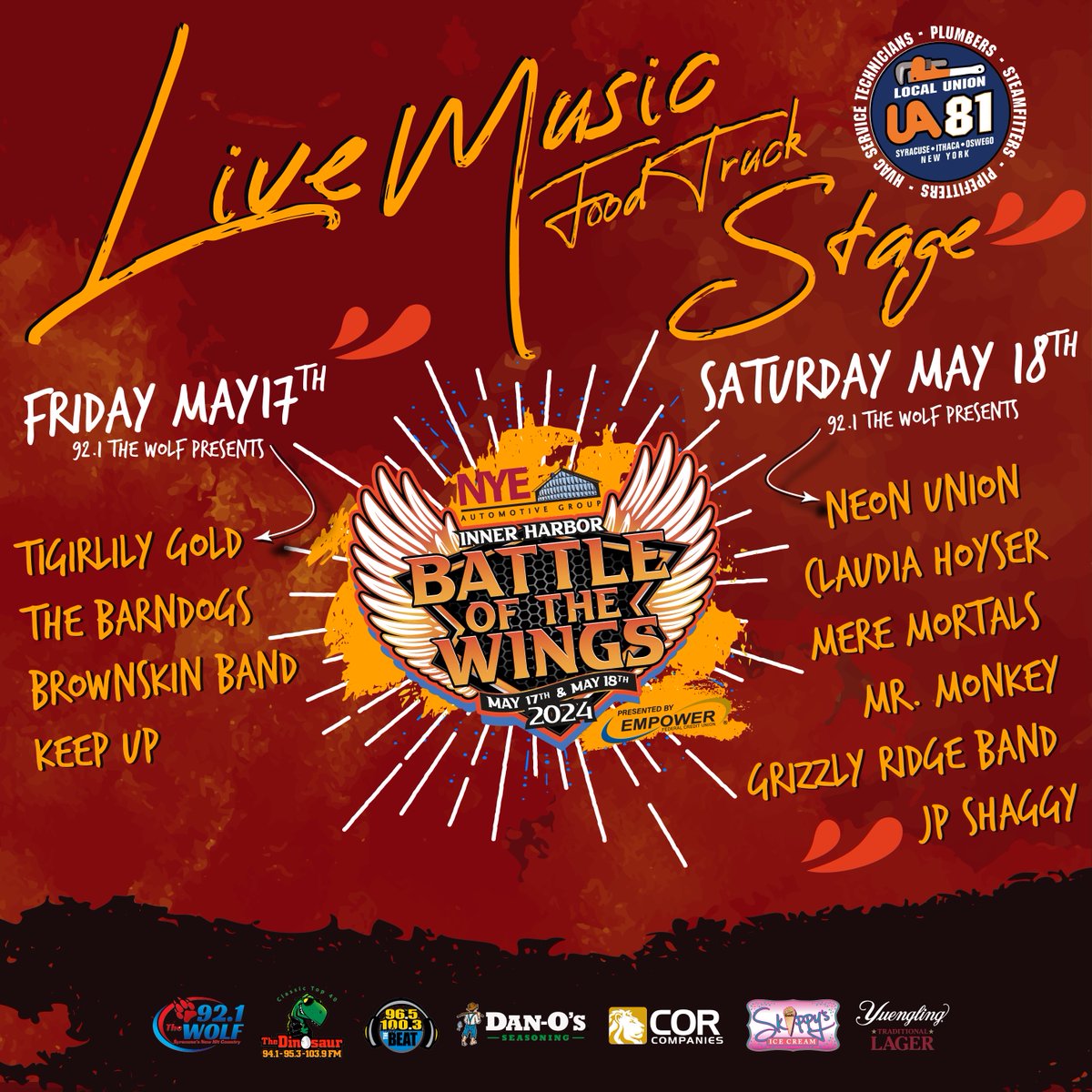 FoxSportsSyr's tweet photo. Are you prepared for the ultimate wing showdown in Central New York? That's right, the Battle of The Wings is making its return on May 17th and 18th at the Inner Harbor. Let's not forget about the amazing music lineup featuring an array of talented local and national acts. https://t.co/0oUYaKJZcP