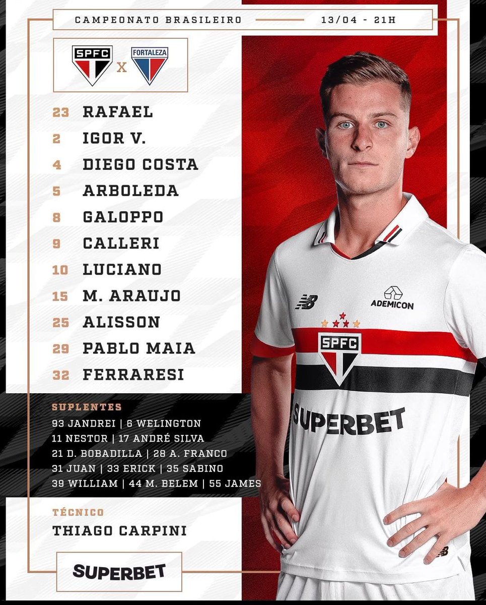 SPInformativo's tweet photo. O Tricolor está escalado para a sua estreia no Brasileirão, diante do Fortaleza. https://t.co/HaYhKuRnyJ