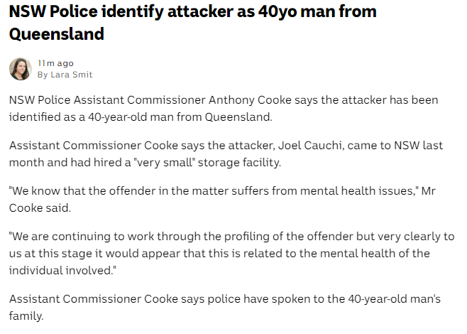 For everyone trying to blame the Westfield Bondi Junction attack on Islam, shame on you. For all the people outing the guy as supposed Jew named Benjamin Cohen, shame on you too. Fucking racists, the lot of you. It was some mentally ill guy from Queensland named Joel Cauchi.