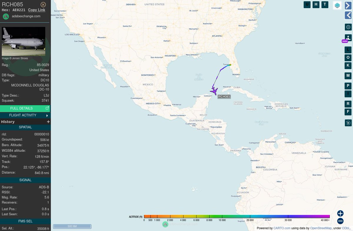 TheIntelFrog's tweet photo. US Air Force KC-10A Extender #AE0221 as RCH085 is southbound off the Yucatan Peninsula. RCH085 is TDY to MacDill AFB, FL it appears. https://t.co/Mzo2OwPqdJ