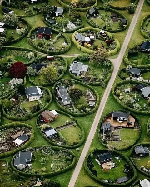 Cada casa tiene un jardín y una cerca de árboles que la rodea. Dinamarca 🇩🇰