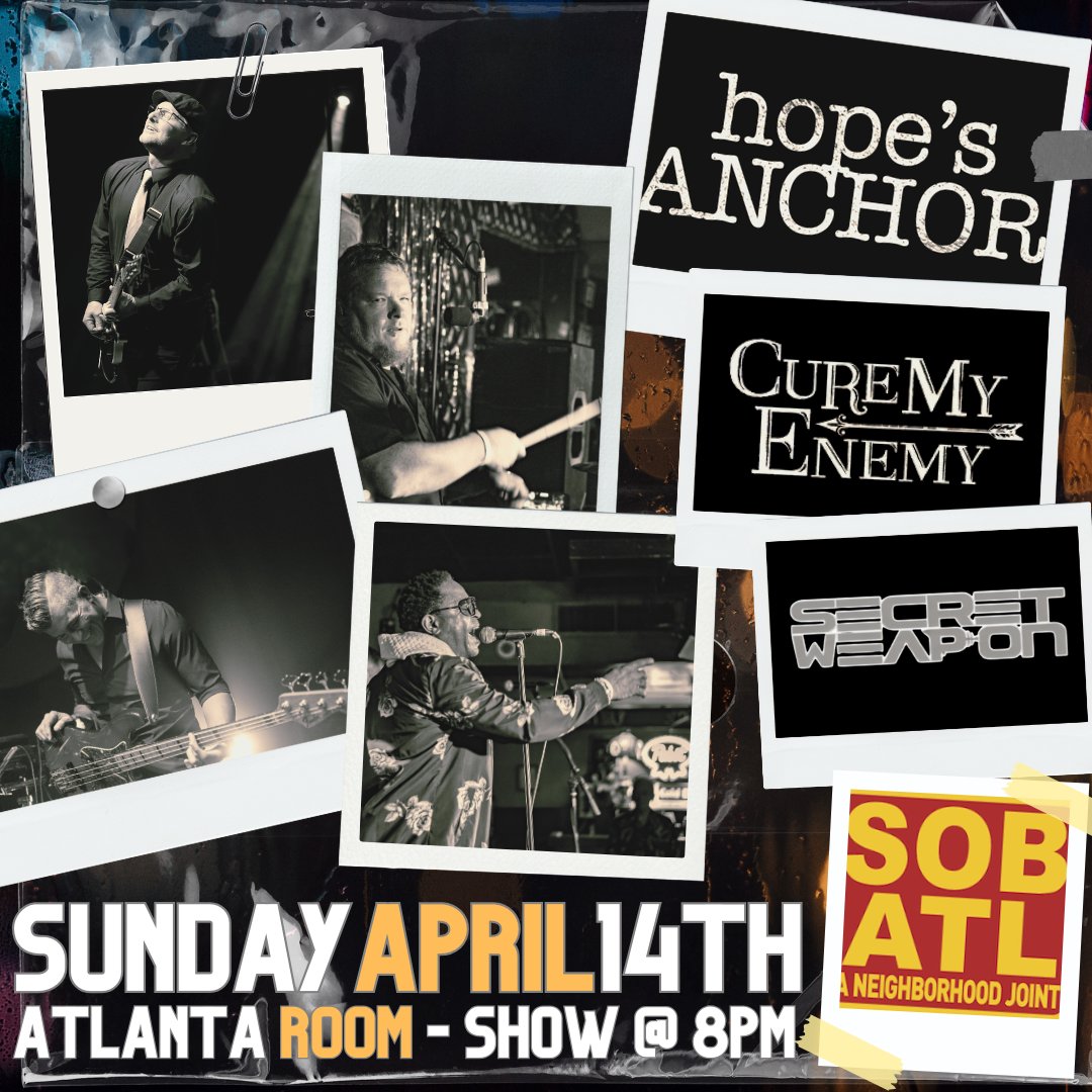 🗓️ TOMORROW (4/14) 📍 Atlanta Room HOPE'S ANCHOR / CURE MY ENEMY / SECRET WEAPON 🚪 7 PM / 🎟️ $12 Adv / $15 Day of smithsoldebar.freshtix.com/events/hopes-a…