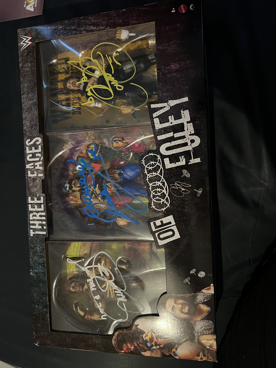 Got to also Meet the man who fought the undertaker at the first hell in a cell match Mick Foley! He signed my 3 faces of foley pack from @RingsideC and he signed them as each of his characters