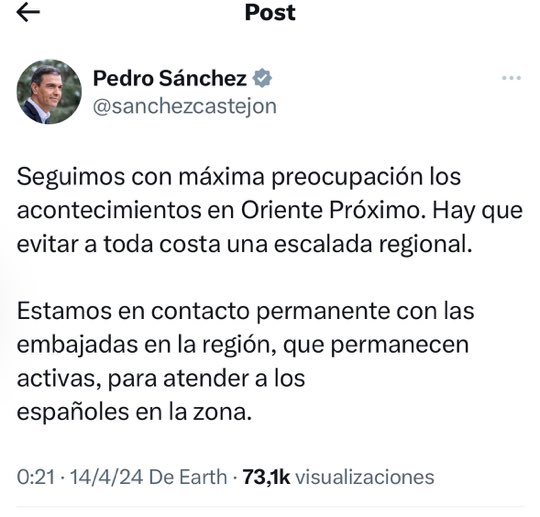 Todos los gobiernos de los países occidentales, condenan sin ambages el ataque de Irán a Israel, salvo el de España.

No sorprende la equidistancia (una vez más) de este gobierno entre los terroristas y sus víctimas. Pero avergüenza. Y mucho, además…
#LaEstirpedelosLibres