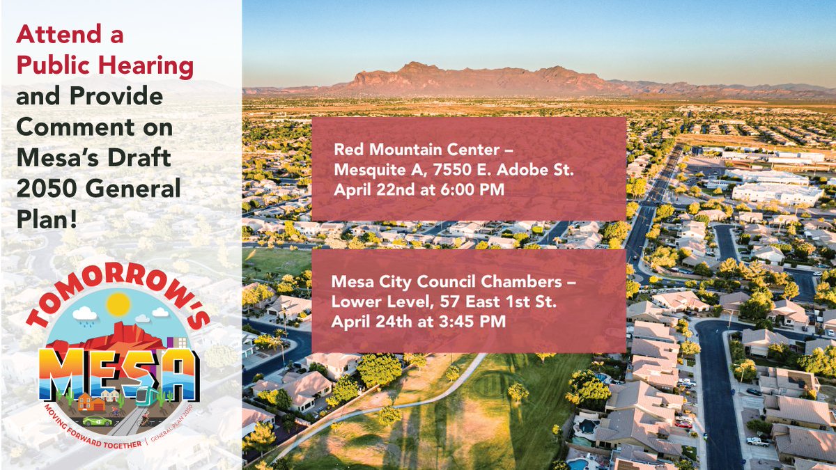 Help shape Mesa's future! Attend the Planning and Zoning Board’s public hearings on Mesa’s draft 2050 General Plan. Your voice matters in building a vibrant, prosperous, and safe city. Let's move Mesa forward, together! Details at my.mesaaz.gov/439DXdK #Mesaaz #Planning
