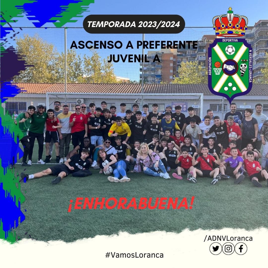 El Juvenil A de <a href="/ADNVLoranca/">AD. Nuevo Versalles-Loranca</a> vuelve de nuevo a la categoría Preferente de la <a href="/RFFM_oficial/">RFFM</a> tras certificar su ascenso 6 jornadas antes del final de competición. Enhorabuena a todos los jugadores y en especial a los técnicos que lo han hecho posible. Gracias! #VamosLoranca 🖤⚽️