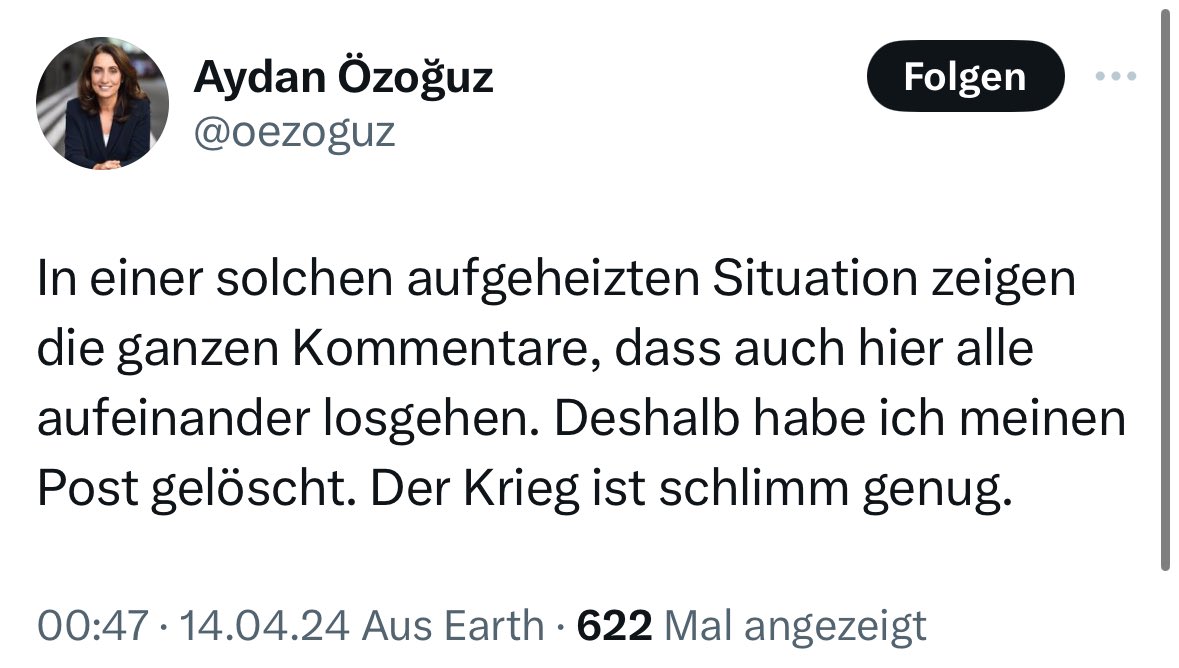 Nehmen Sie Ihren Hut, Frau @oezoguz! Die Vizepräsidentin (!) des Bundestages verfasst einen in höchstem Maße schäbigen Tweet, löscht ihn und begründet Löschung dann fadenscheinig mit den Kommentaren. Heftige Entgleisung von Frau #Oezoguz, die Folgen haben sollte. #Israel #Iran