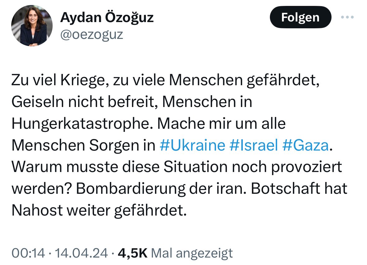 MatthiasHauer's tweet photo. Nehmen Sie Ihren Hut, Frau @oezoguz! Die Vizepräsidentin (!) des Bundestages verfasst einen in höchstem Maße schäbigen Tweet, löscht ihn und begründet Löschung dann fadenscheinig mit den Kommentaren. Heftige Entgleisung von Frau #Oezoguz, die Folgen haben sollte. #Israel #Iran https://t.co/qiDo5VLQRK