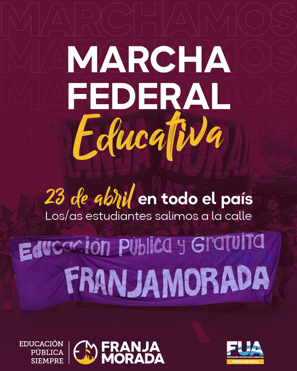 fmpsicounlp's tweet photo. MARCHA FEDERAL UNIVERSITARIA

🗓️ 23 de abril en todo el país

📢 Ante la crítica situación que atraviesan las UUNN, en reclamo de actualización presupuestaria urgente y recomposición salarial: convocamos a movilizar en defensa de la educación pública, la ciencia y la tecnología👇🏻 https://t.co/f7Y6FBVLdU
