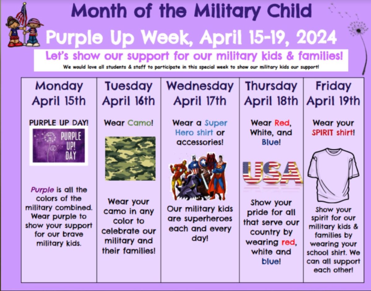 We 💜 and appreciate our Military Kids @NISDCarson. Wear purple on Monday, April 15th to show your support!
