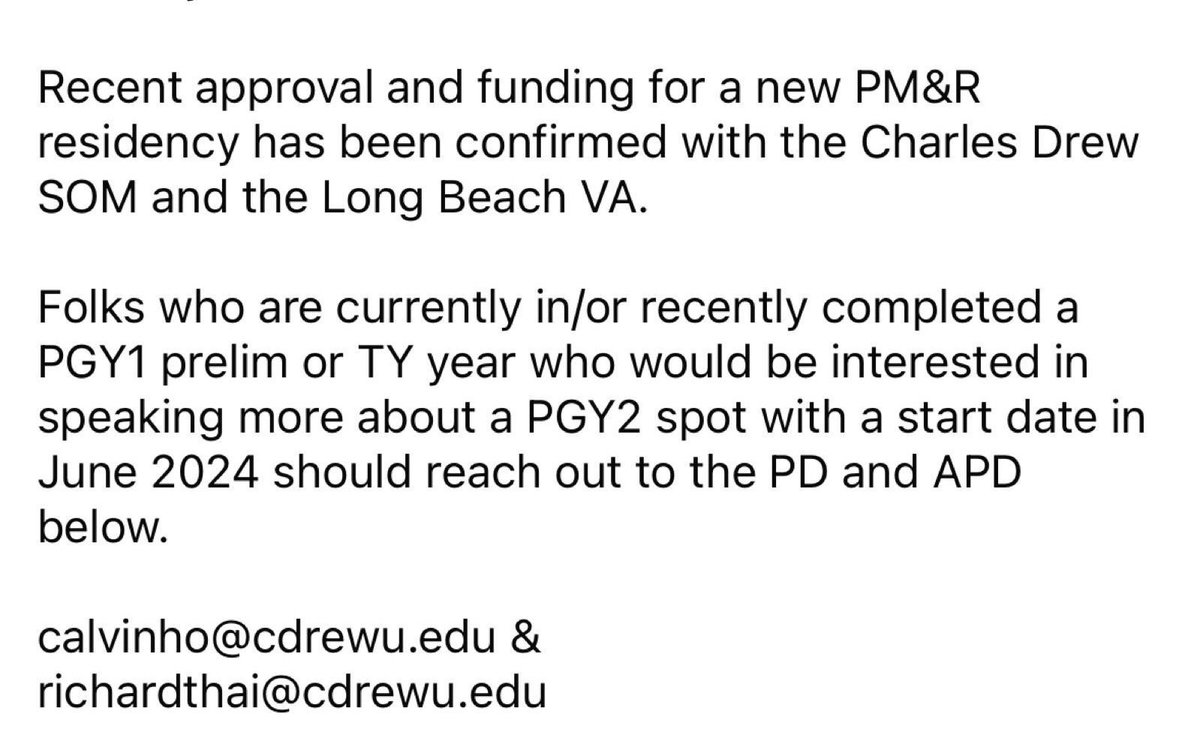 🚨PGY-2 PM&R Residency Spot🚨
#unmatched #residencymatch #match2024 #soap2024 #internalmedicine #PMNR #prelim #ms4 #MedTwitter #medx #ecfmg #img #transitionalyear #pgy1 #pgy2