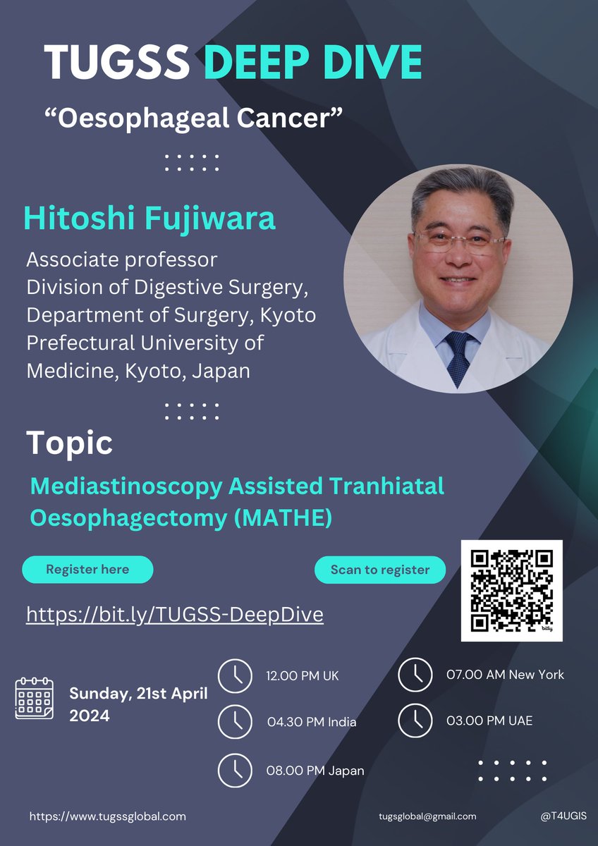 Our Oesophageal Cancer Deep Dive session will feature Professor Hitoshi Fujiwara from Kyoto University of Medicine, Japan. Don't miss his talk about Mediastonoscopy assisted transhiatal Oesophagectomy. @KyotoU_News Register here: bit.ly/TUGSS-DeepDive