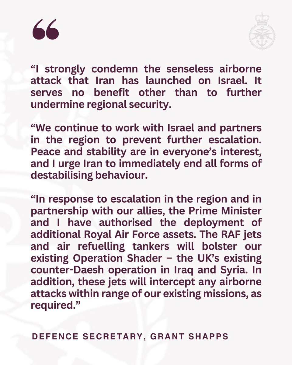 Additional <a href="/RoyalAirForce/">Royal Air Force</a> jets and air refuelling tankers have deployed to the Middle East to bolster Op Shader, the UK’s existing counter-Daesh operation in Iraq &amp; Syria.
 
In addition, the jets will intercept airborne attacks within range of our existing missions. My statement: