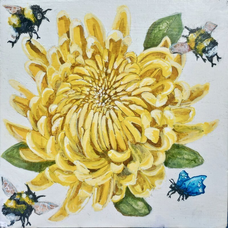 Bees and Butterflies Amongst the Yellow Crysanthemums tuppu.net/c23eb16a #Ecwid #ElizabethShewanTheArtistandClairvoyant