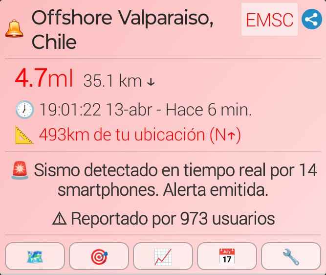 #sismo M4.7, Offshore Valparaiso, Chile. Reportado a través de la app Sismo Detector. Descarga la app desde sismo.app/download/ para recibir alertas de #sismo en tiempo real @SismoDetector