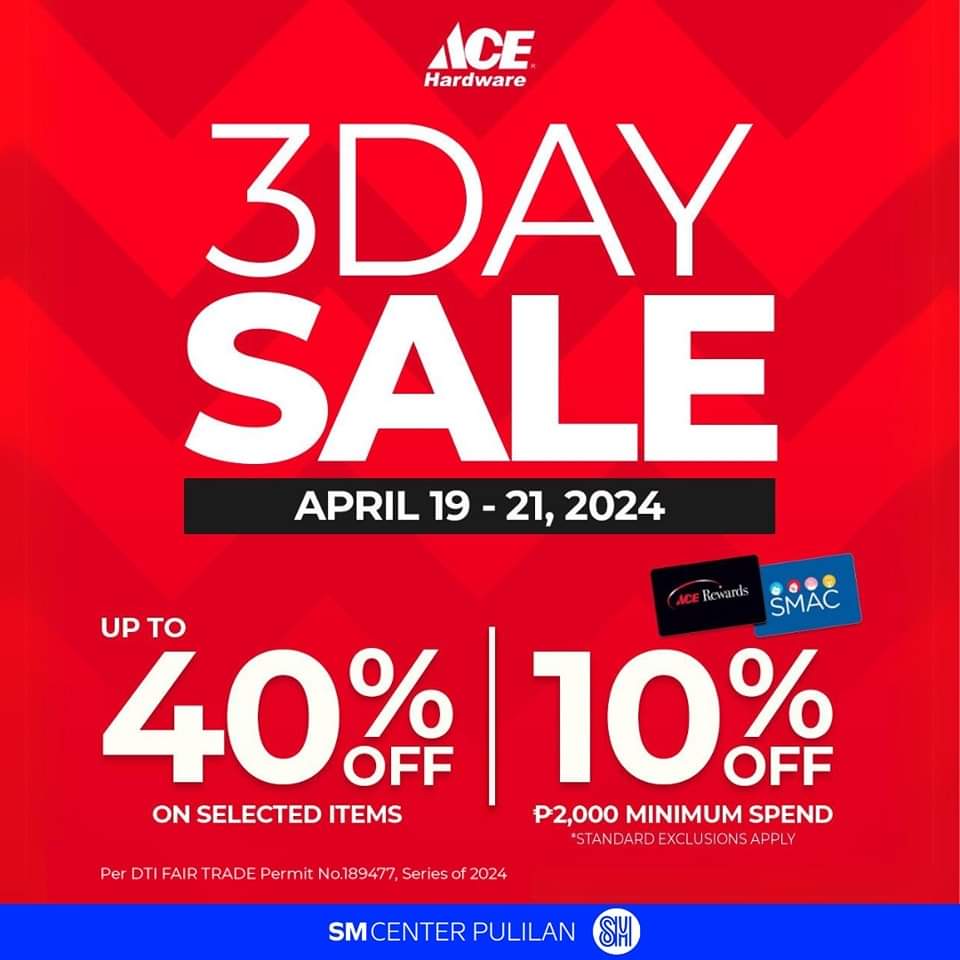 SMCenterPulilan's tweet image. Ready, set, save! Don't miss the ACE 3-Day Sale happening on April 19-21. 

Explore exclusive discounts on tools, home improvement essentials, and more. 🏠 Mark your calendars: tinyurl.com/zsdy2r69

#ACEHardwarePH 
#ACEHelpful
#ACE3DaySale
