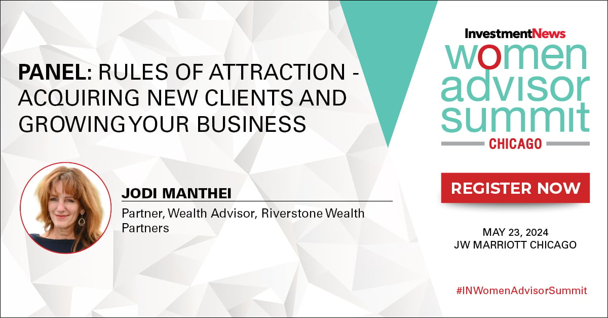 Join us for 'Rules of Attraction' at the #INWomenAdvisorSummit Chicago with panelist Jodi Manthei, Partner and Wealth Advisor at Riverstone Wealth Partners! Don't miss out on this insightful session! hubs.la/Q02s74x40