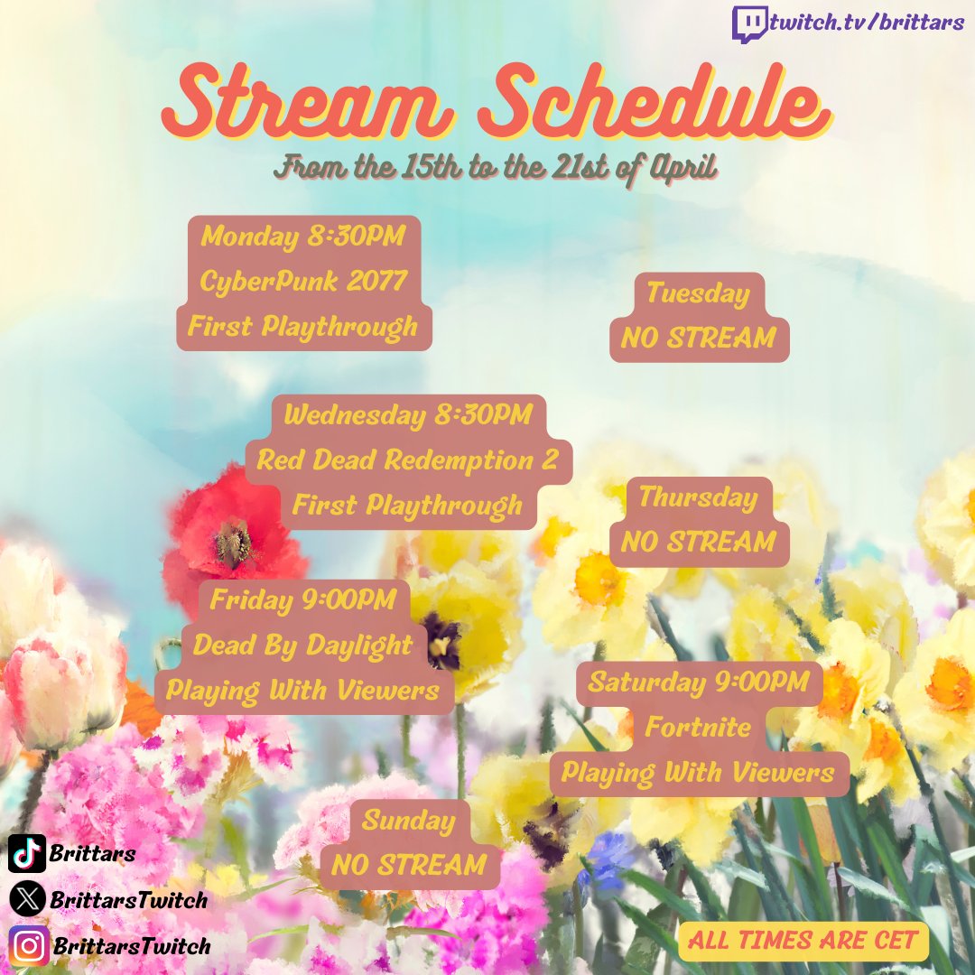 🥳Next weeks stream schedule is here! I'll be going live 4 times on Twitch. I will be starting up my playthrough of CyberPunk 2077 on Monday🥳 🌺Catch all of the streams here: twitch.tv/brittars🌺 #firstplaythrough #stream #goinglive #streamschedule #nowlive