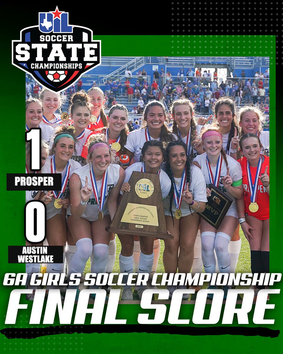 uiltexas's tweet photo. #UILState Girls Soccer 6A Championship FINAL SCORE:

Prosper 1️⃣
Austin Westlake 0️⃣

📊Box Score ➡️ https://t.co/oWIDLY1UBJ https://t.co/dKzmSCQUX0